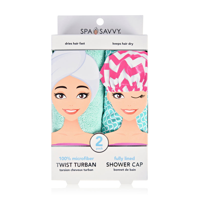 Set of 2 Twist Hair Turban and Bouffant Shower Cap